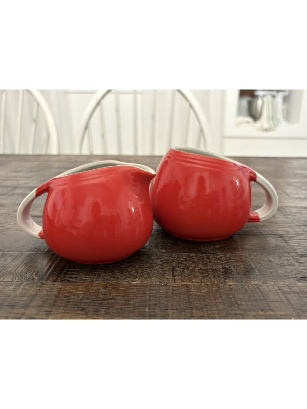 Hall’s Superior Quality Kitchenware Sugar Bowl & Creamer Set Red w/ White Handle